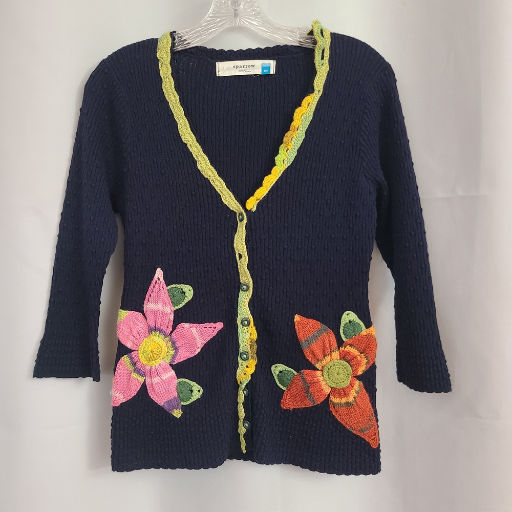 Sparrow Anthropologie Sz M Navy Earthly Delight Knit Floral Wool Blend Cardigan